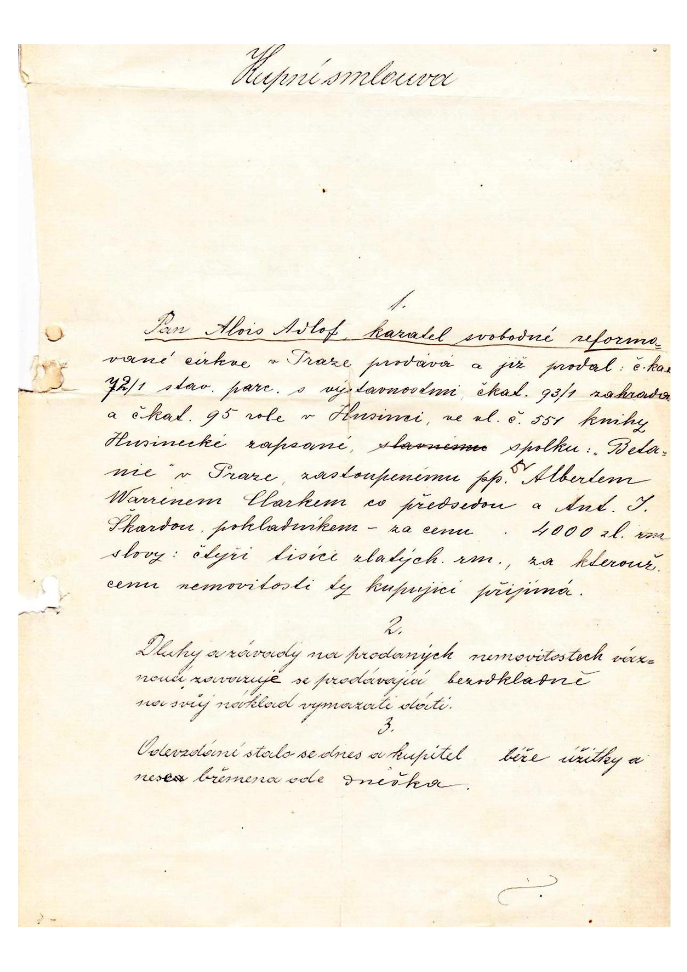 Kupní smlouva modlitebny – strana 1