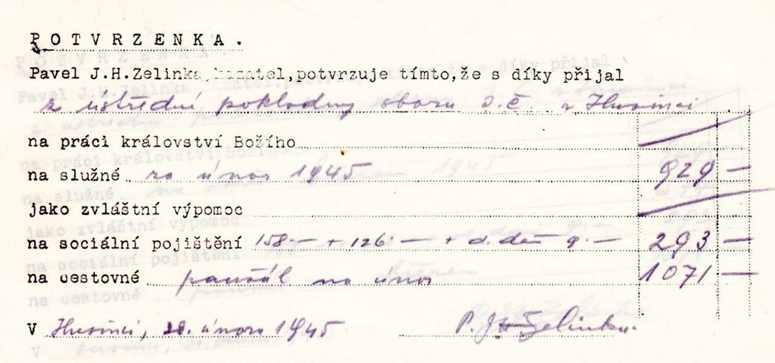 mzdový lístek P. A. F. Zelinky