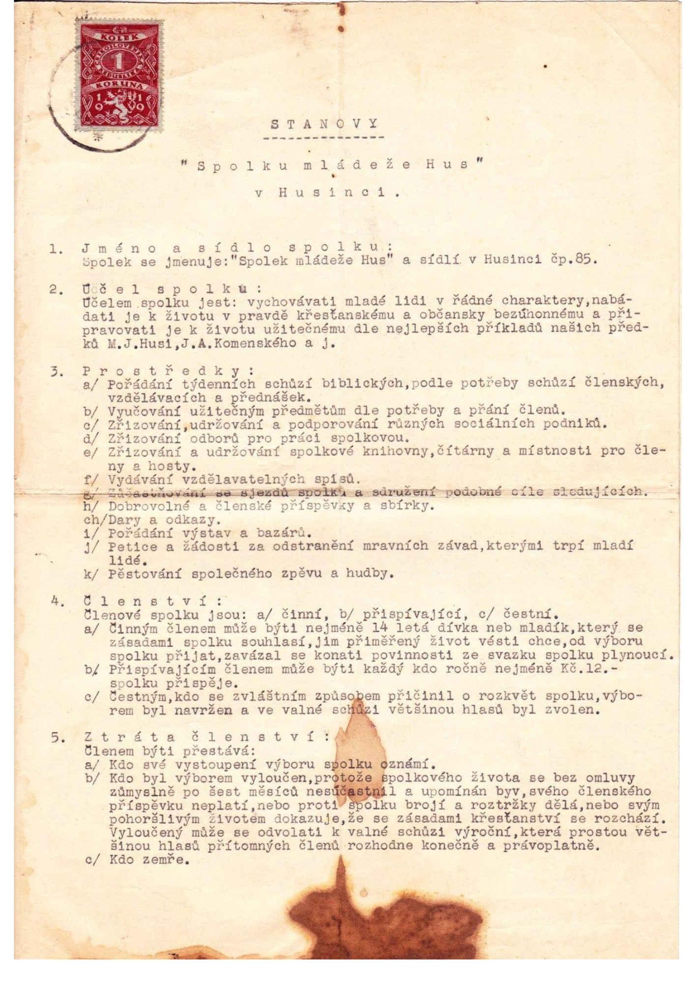 stanovy spolku Hus (tehdejší mládež)