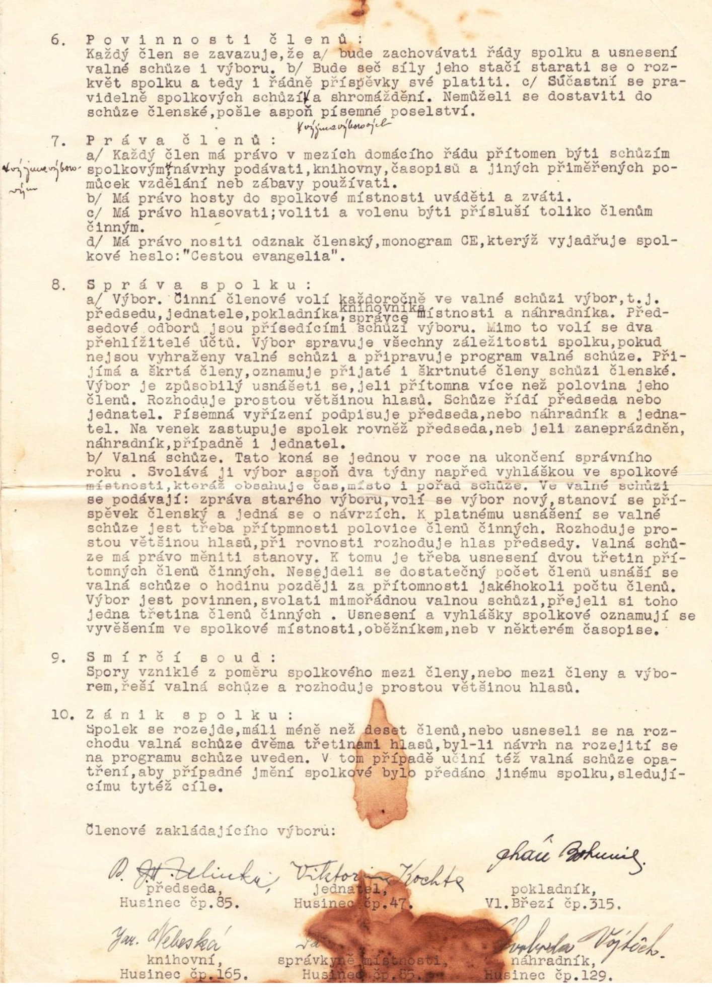 stanovy spolku Hus (tehdejší mládež)