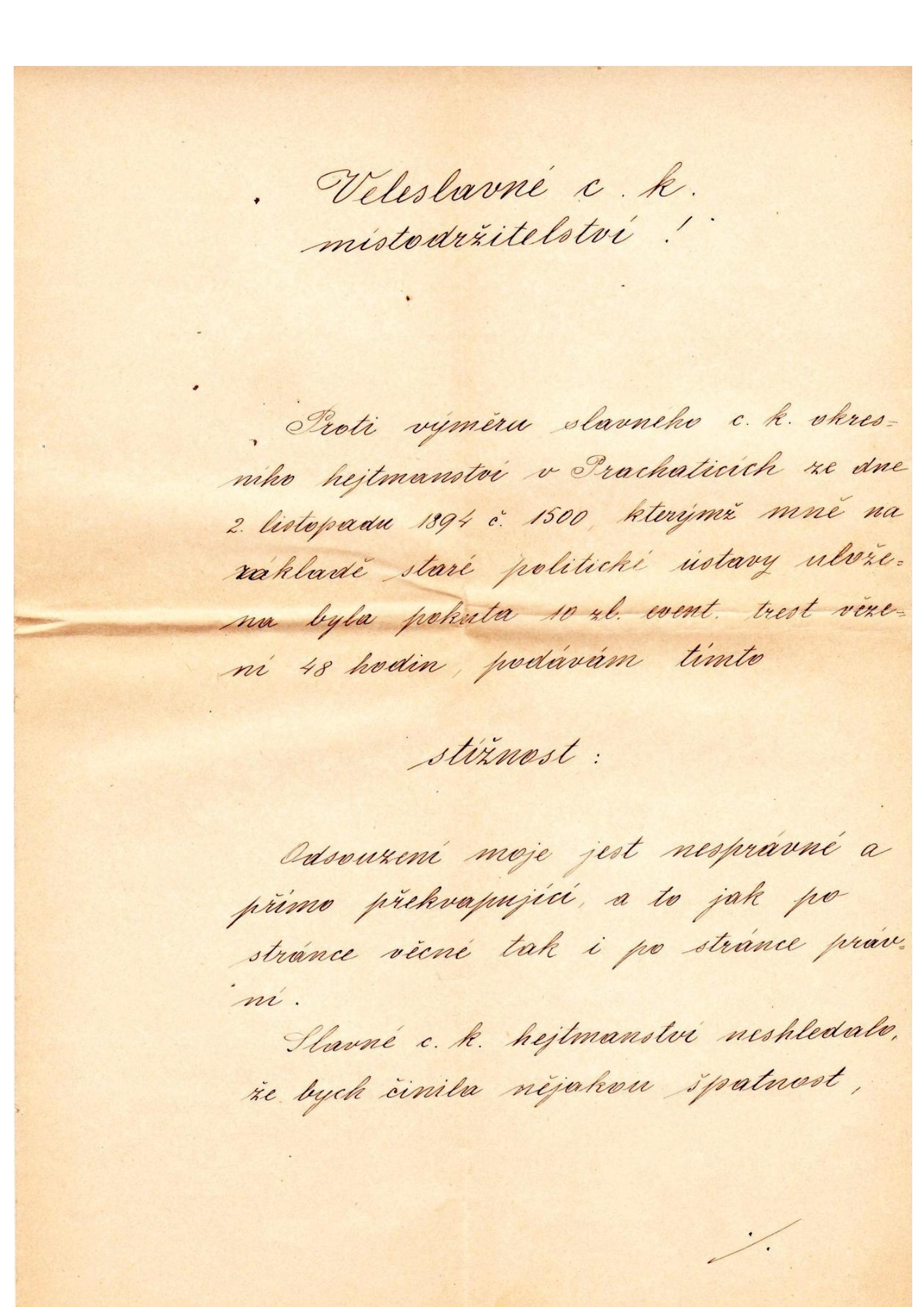 stížnost sestry Zelinkové proti pokutě